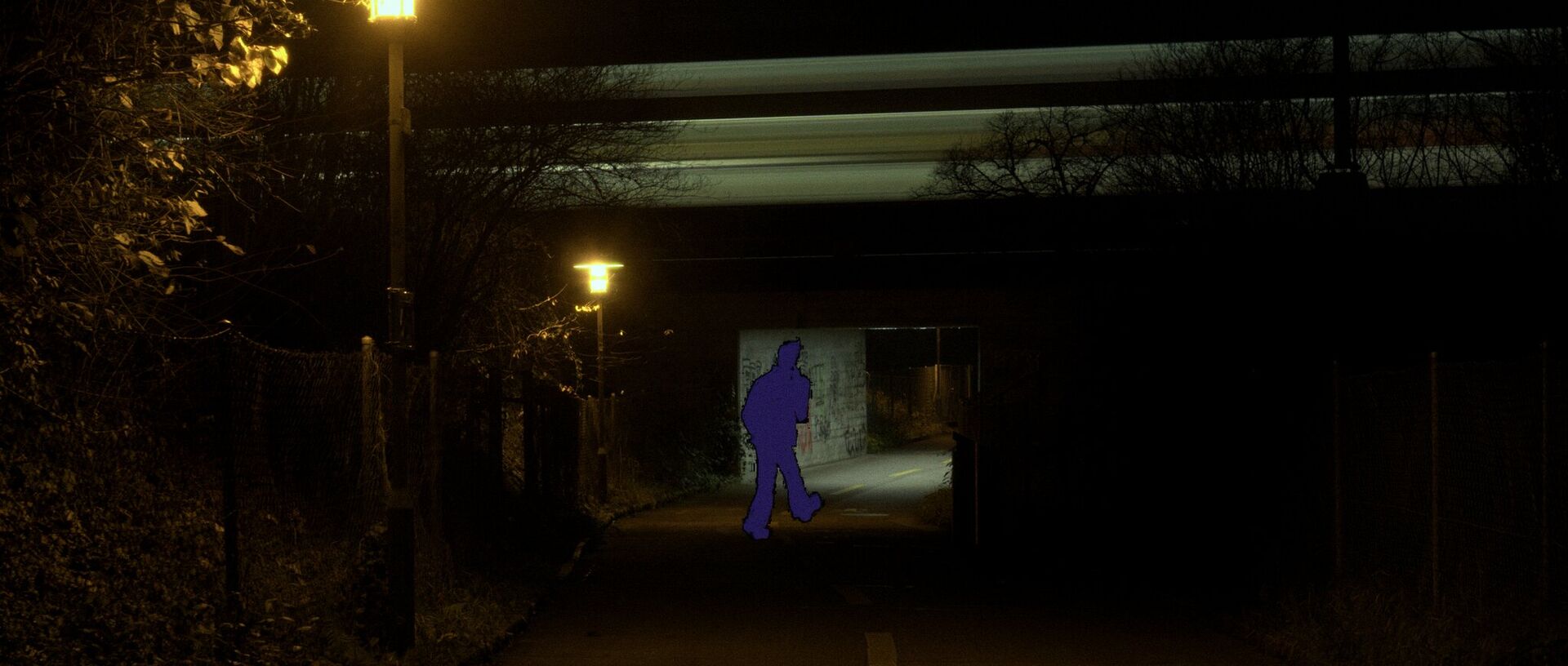 Night scene beneath a railway bridge with streaking lights.